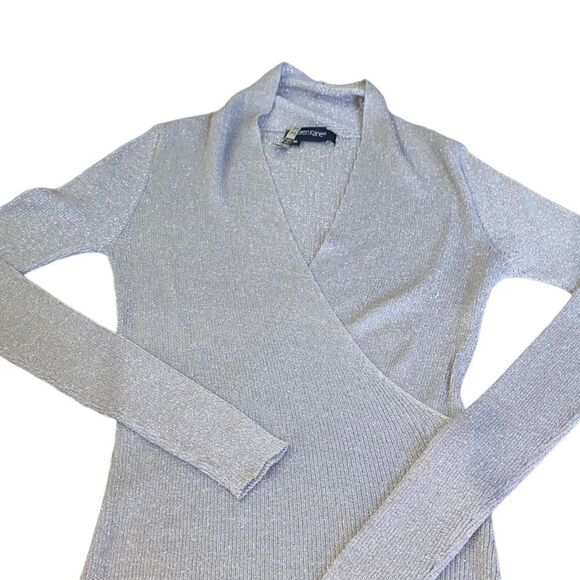 Karen Kane Metallic silver knit top, faux crisscross front closure size med - Picture 3 of 7